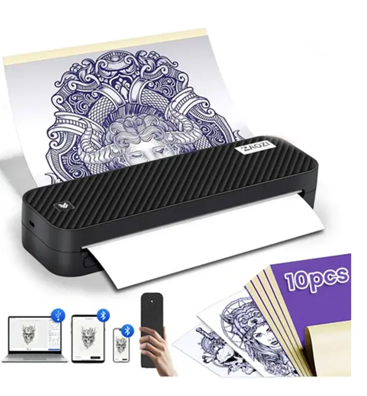Máy in nhiệt stencil hình xăm ZAOZI cầm tay, kết nối Bluetooth và USB, in giấy A4 và ảnh, kèm 10 tờ giấy chuyển hình xăm