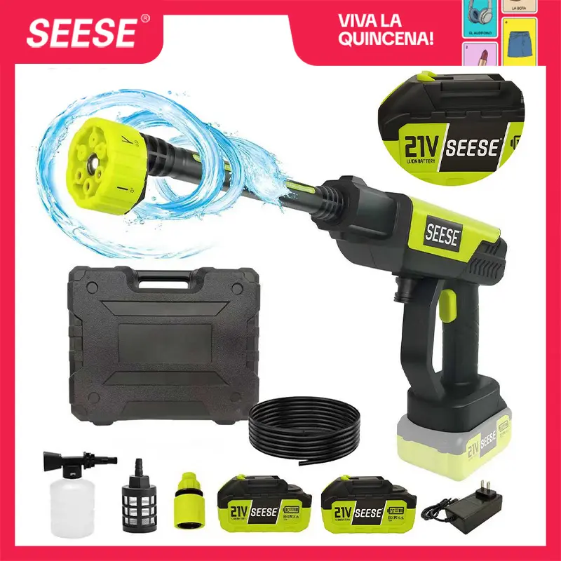 SEESE Hidrolavadora Inalámbrica 21V Portátil De Alta Presión Con Batería Recargable Para Lavar Autos Jardín Hogar, ideal como regalo festivo.