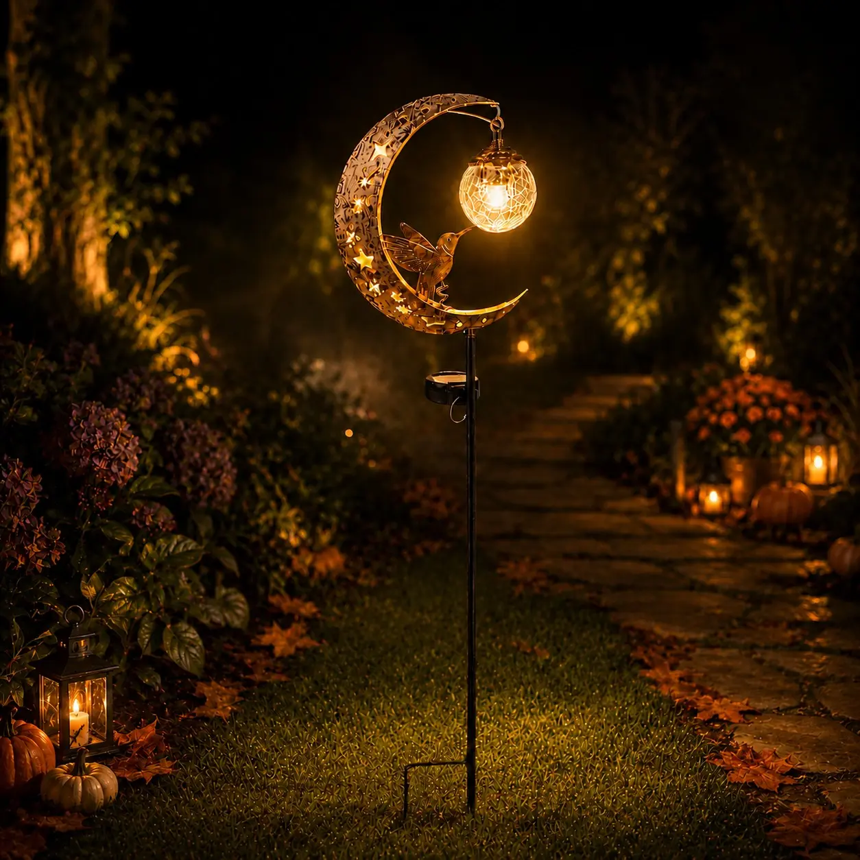 Lámpara solar de estaca para jardín con colibrí y luna creciente, esfera de vidrio craquelado, protección IP65 para exteriores, encendido y apagado automáticos, luz decorativa para senderos, patios y césped, regalo de Halloween