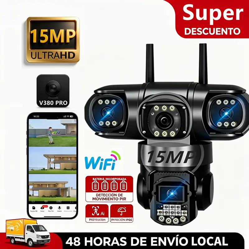 Camera an ninh ngoài trời không dây Wi-Fi V380 PRO, nhiều ống kính và chế độ ghi hình, góc nhìn 90/355°, đàm thoại hai chiều, phát hiện chuyển động, dễ lắp đặt, tự động theo dõi và báo động, quản lý qua ứng dụng điện thoại, dùng cho sân