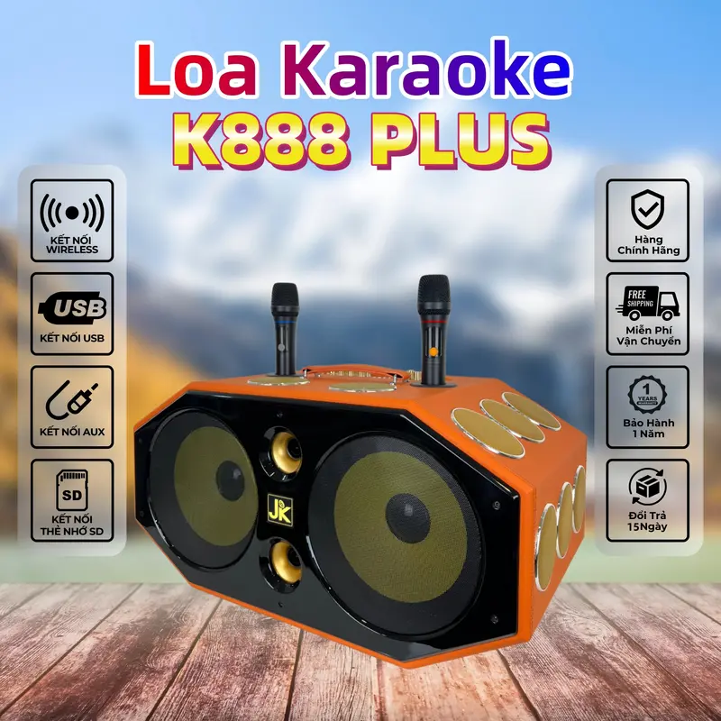 JK BOX K888-PLUS 1000W Loa Karaoke Di Động Nghe Nhạc Xách Tay Bluetooth, Đường Tiếng - Bass 25cm x Treble x 16, 2 Micro UHF không dây, Loa ngoài trời, Loa gia đình, Bảo Hành 12 Tháng