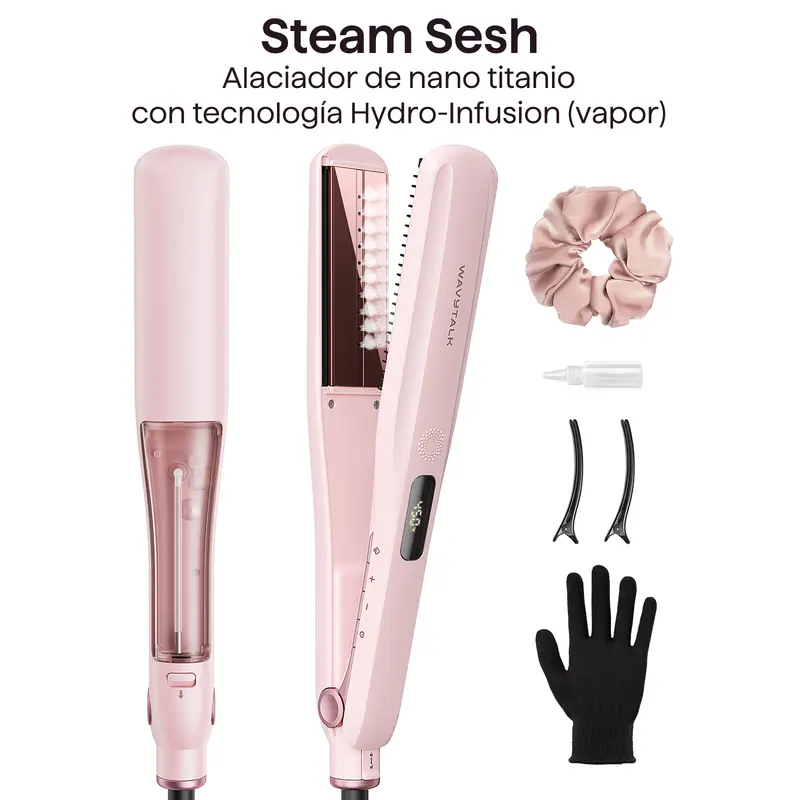 Alisadora de vapor Wavytalk Steam Sesh con placas anchas de nanotitanio de 1,38 pulgadas y peine desmontable, para un cabello sin frizz y con más brillo