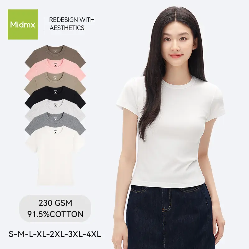T-shirt femme Midmx slim fit à manches courtes et col rond, haut basique en coton très extensible, coupe cintrée style coréen