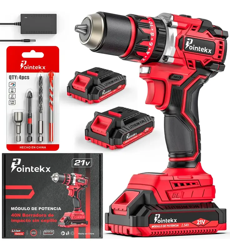 POINTEKX 21V Brushless Impact Drill with 2 Batteries, 20+3 Torque Settings, 3 Modes, LED Light and 40Nm/55Nm/90Nm Options