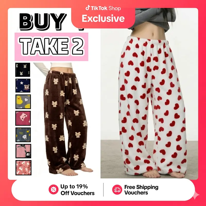 Buy 1 Take 2 Plus-Size Women's Flannel Pajama Pants with Cute Cartoon Print, Loose Warm Lounge Pants