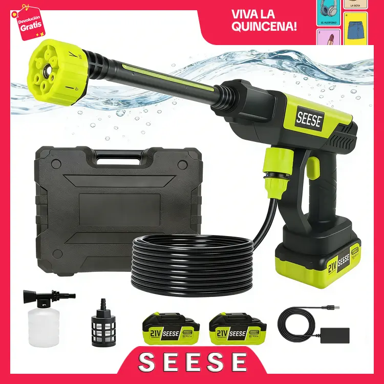 SEESE Portable Cordless High Pressure Cleaning Gun with 6 in 1 Nozzle, for Car Washing, Outdoor Floors, Fences, Patios and Garden Watering