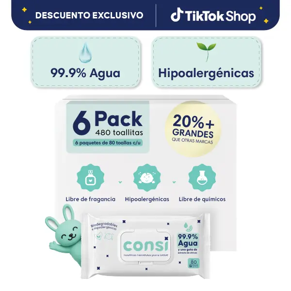 Consi Toallitas Humedas Bebe y Niños (99.9% Agua), Hipoalergénicas para Piel Sensible, Libre de Sulfatos, Parabenos y Fragancias, Biodegradables, Toallas húmedas | 6 paquetes con 480 Toallitas