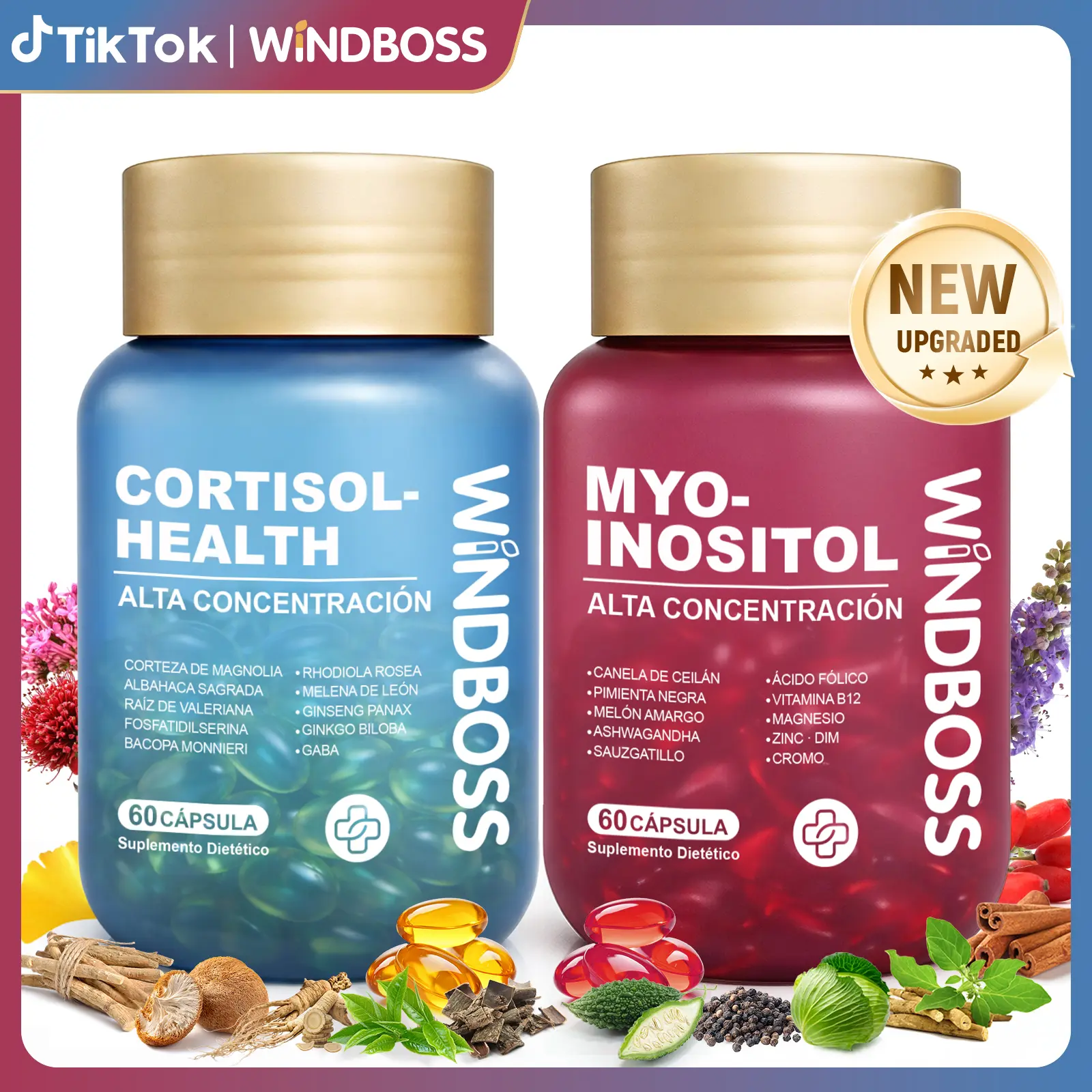 WindBoss, kit de 2 frascos de apoyo para el cortisol y myo-inositol con D3, K2, magnesio, ashwagandha KSM-66 y L-teanina, para el equilibrio hormonal y un metabolismo saludable