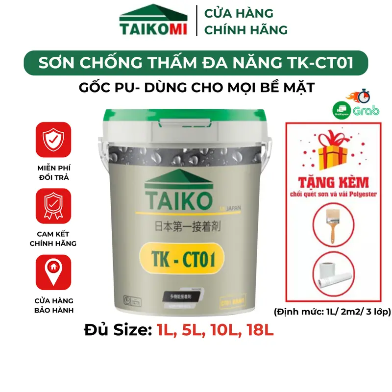TAIKO CT01 [Đủ Size] Sơn Chống Thấm Đa Năng Gốc PU Co Giãn Dùng Cho Mọi Bề Mặt, Sân Thượng, Tường Nhà, Mái Tôn, Máng Xối