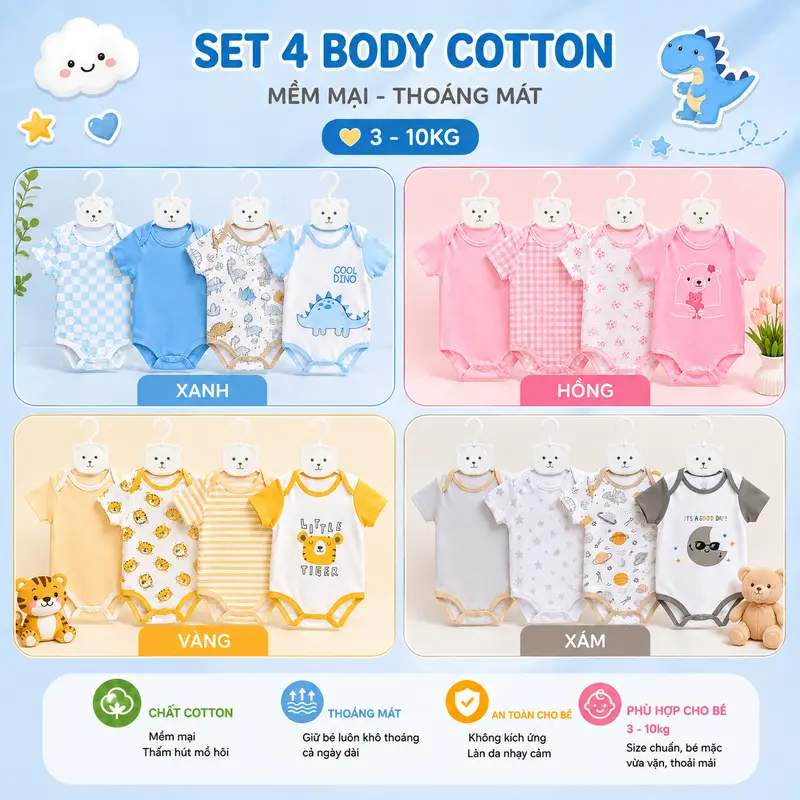 Set 4 Áo liền quần ngắn tay cho bé sơ sinh 3-10kg, vải cotton BC30
