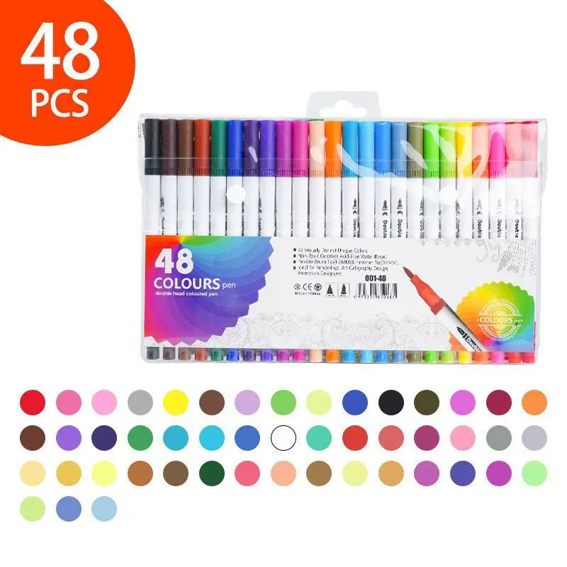 Set mit 48 2-in-1-Stiften für Brush Lettering und feine Linien, Dual-Pen-Marker zum Ausmalen und Zeichnen, Anjgg