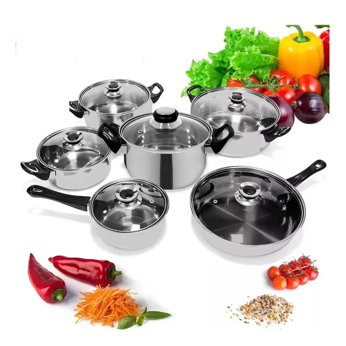 12 Piezas Batería de Cocina Ligera de Acero Inoxidable Antiadherente, Calentamiento Rápido, Ideal para Uso Diario