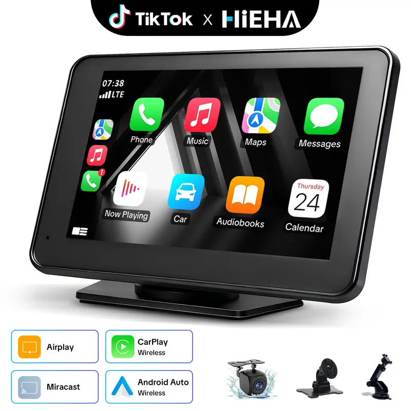 HiEHA 7-Inch HD Wireless Portable Touchscreen Car Display with CarPlay, Android Auto, Mirror Link, Bluetooth 5.2, Backup Camera, AUX, FM Transmitter, Voice Control and GPS Navigation