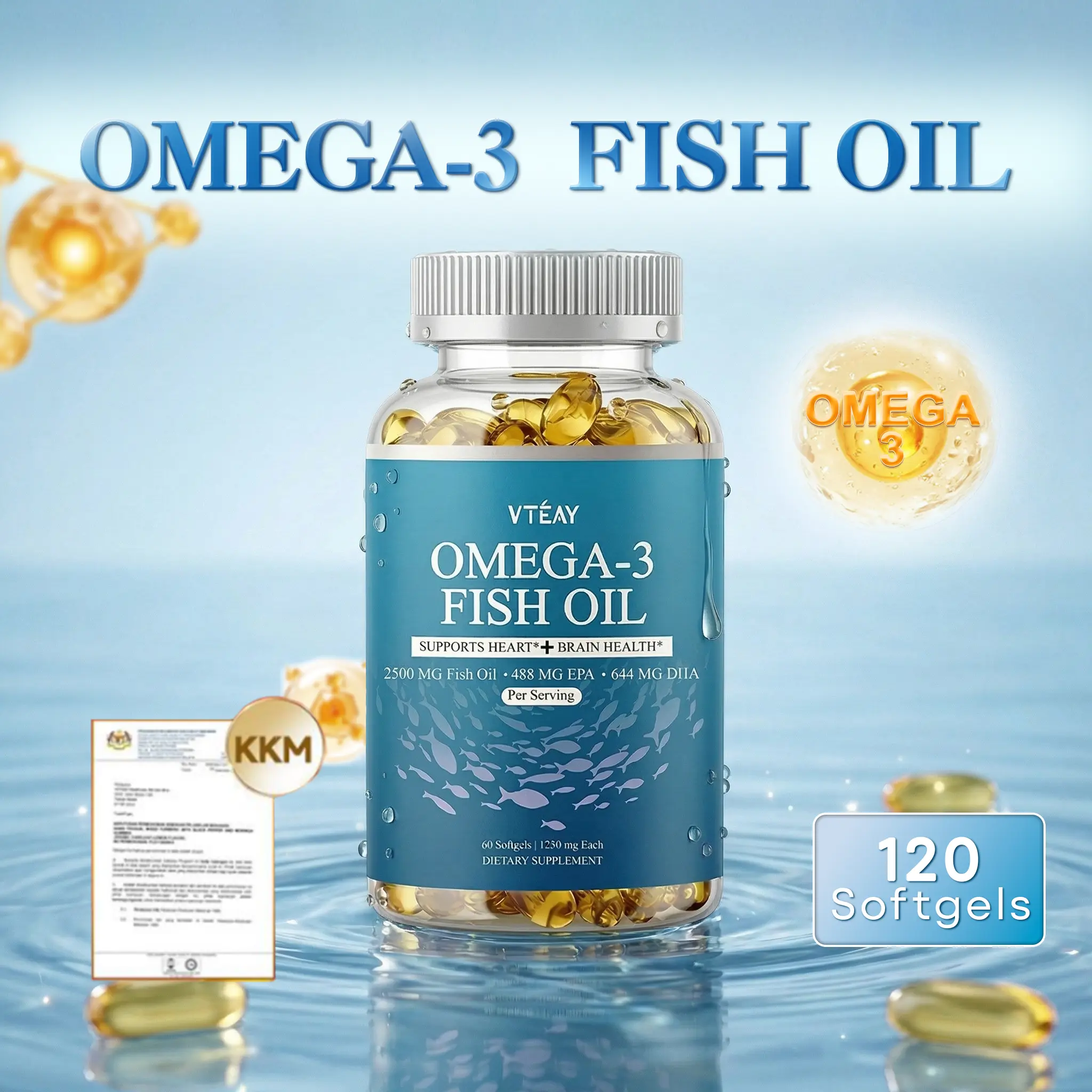 Viên nang dầu cá Omega-3 VTEAY, 30 / 60 / 120 viên, bổ sung EPA và DHA, hỗ trợ sức khỏe tim mạch và não bộ