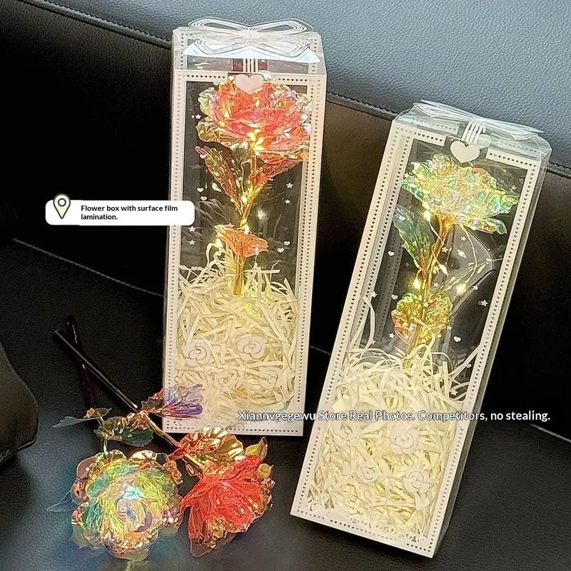 Bукет hoa hồng giả ánh sáng cầu vồng có đèn LED, quà tặng lãng mạn cho sinh nhật và Valentine, hoa trang trí trong hộp sang trọng