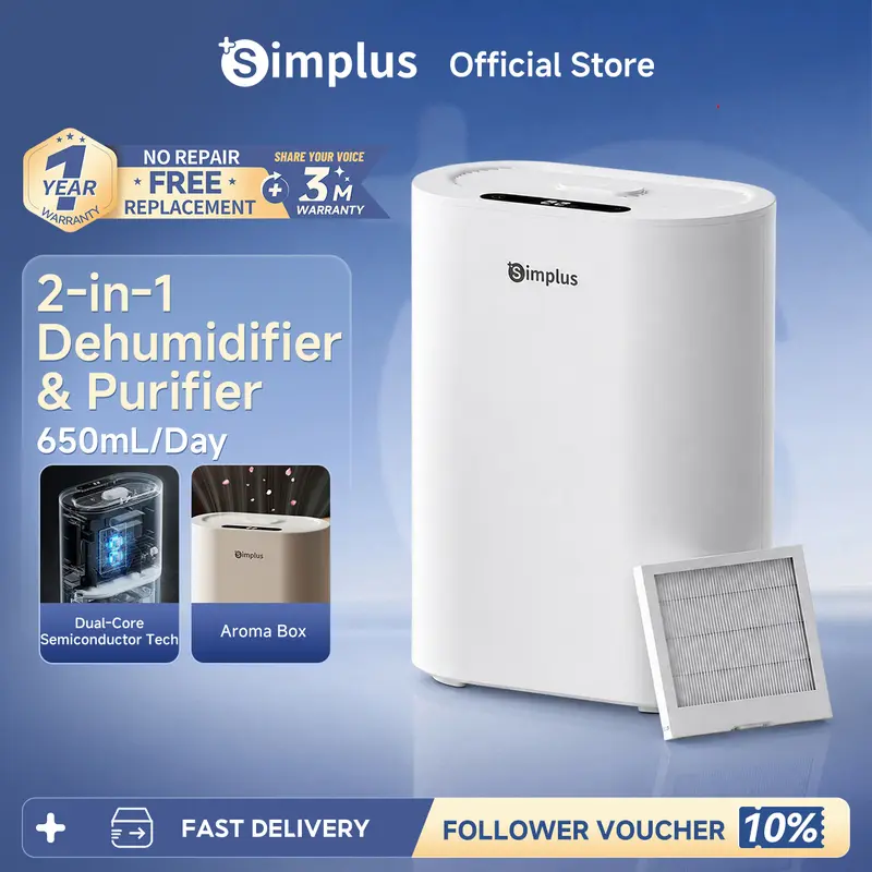 Simplus CUSH009 2-in-1 Dehumidifier and Air Purifier, 650ml/day, 2.5L Tank, LED Touchscreen, Aromatherapy and H11 HEPA Filter, New Launch
