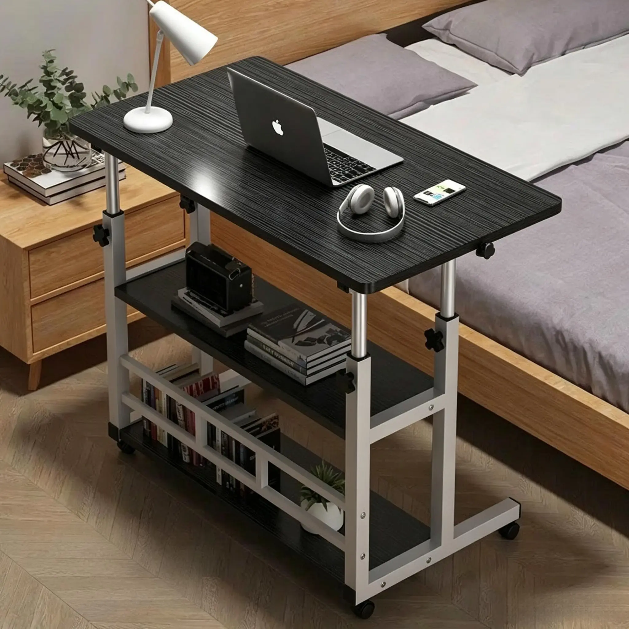 Movable Lift Desk With Multi-Layer Bookshelf Computer Desk Office Desk Multi Functional Iron Frame Coffee Table Tea Table Bedside Table