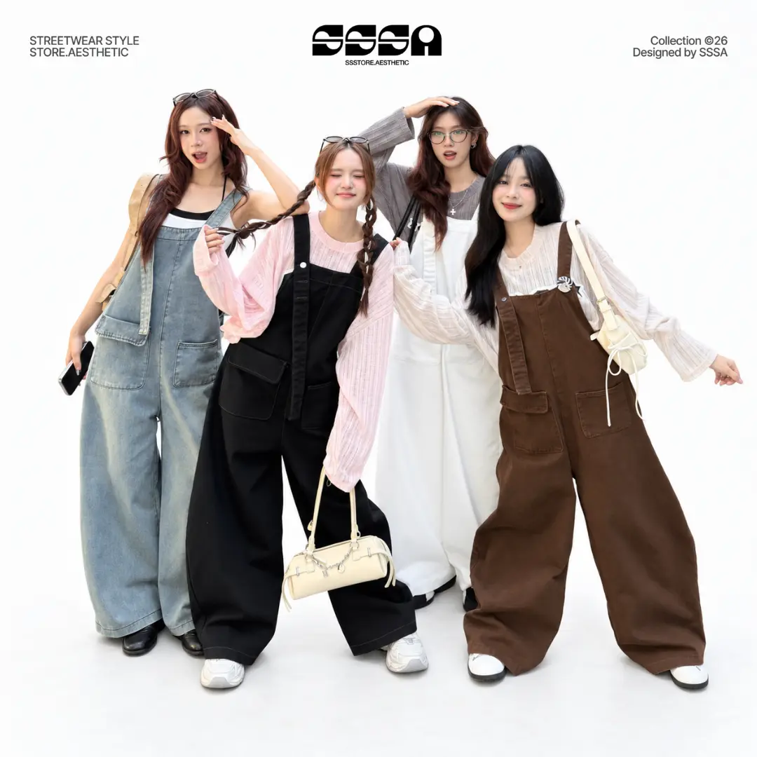 SSSTORE.Aesthetic V2 PREMIUM Jeans-Latzhose mit weitem, geschwungenem Bein – Unisex für Damen und Herren, in vielen Farben