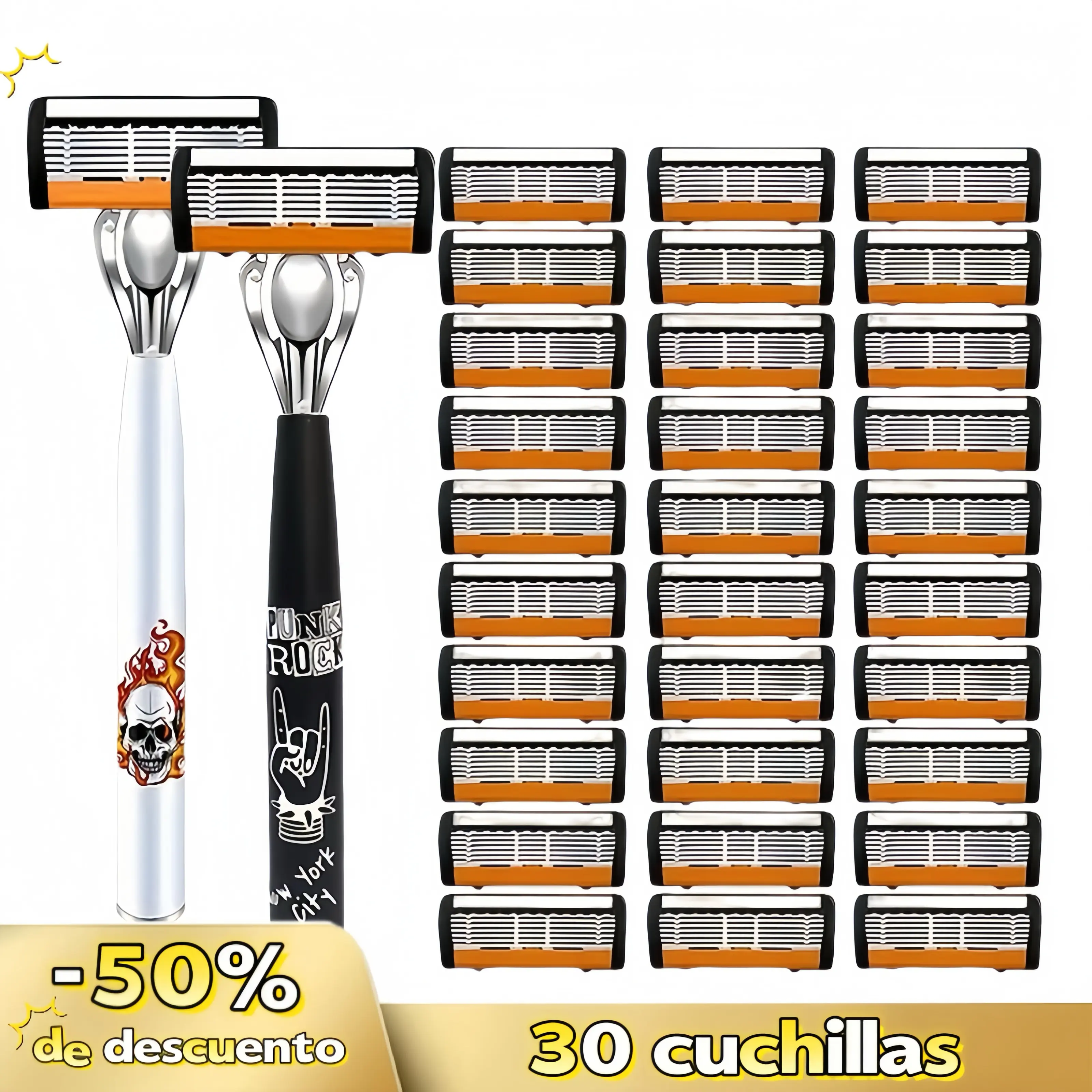 Conjunto de afeitadora manual para hombres con 2 manijas y 30 cuchillas de repuesto, cuchillas de acero inoxidable de precisión, sistema de afeitado avanzado