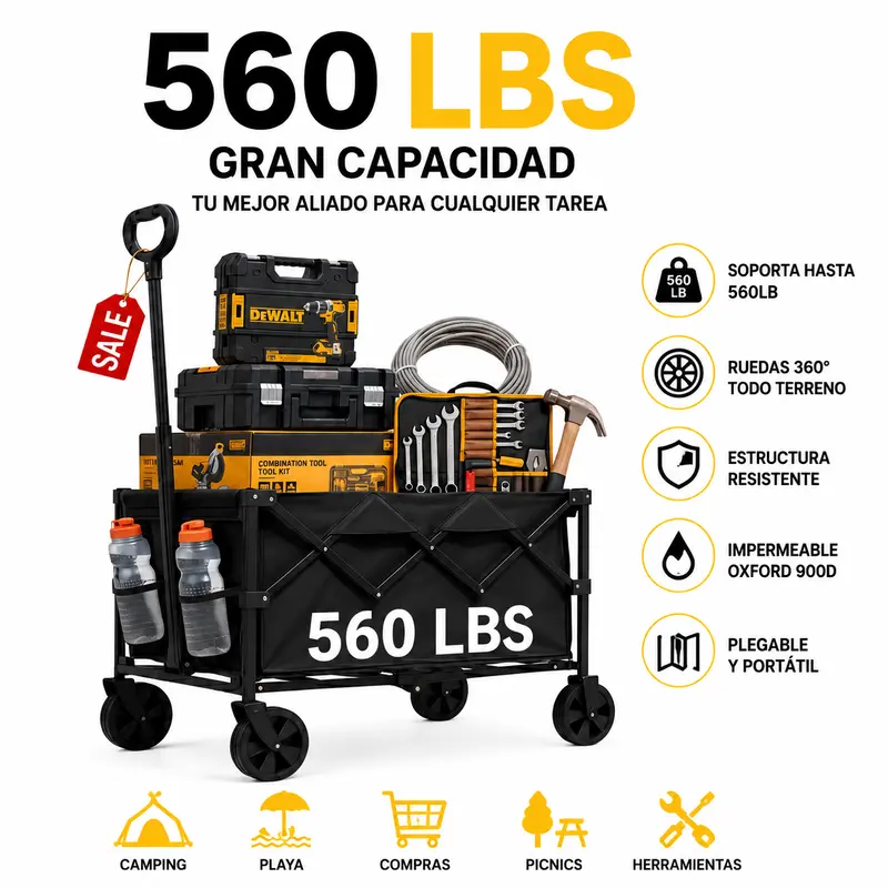Carrito de Compras Plegable Multiusos | Carrito de Carga con Gran Capacidad | Ideal para Supermercado, Mercado, Playa y Camping | Ruedas Todo Terreno Resistentes | Fácil de Guardar | Mango Ajustable