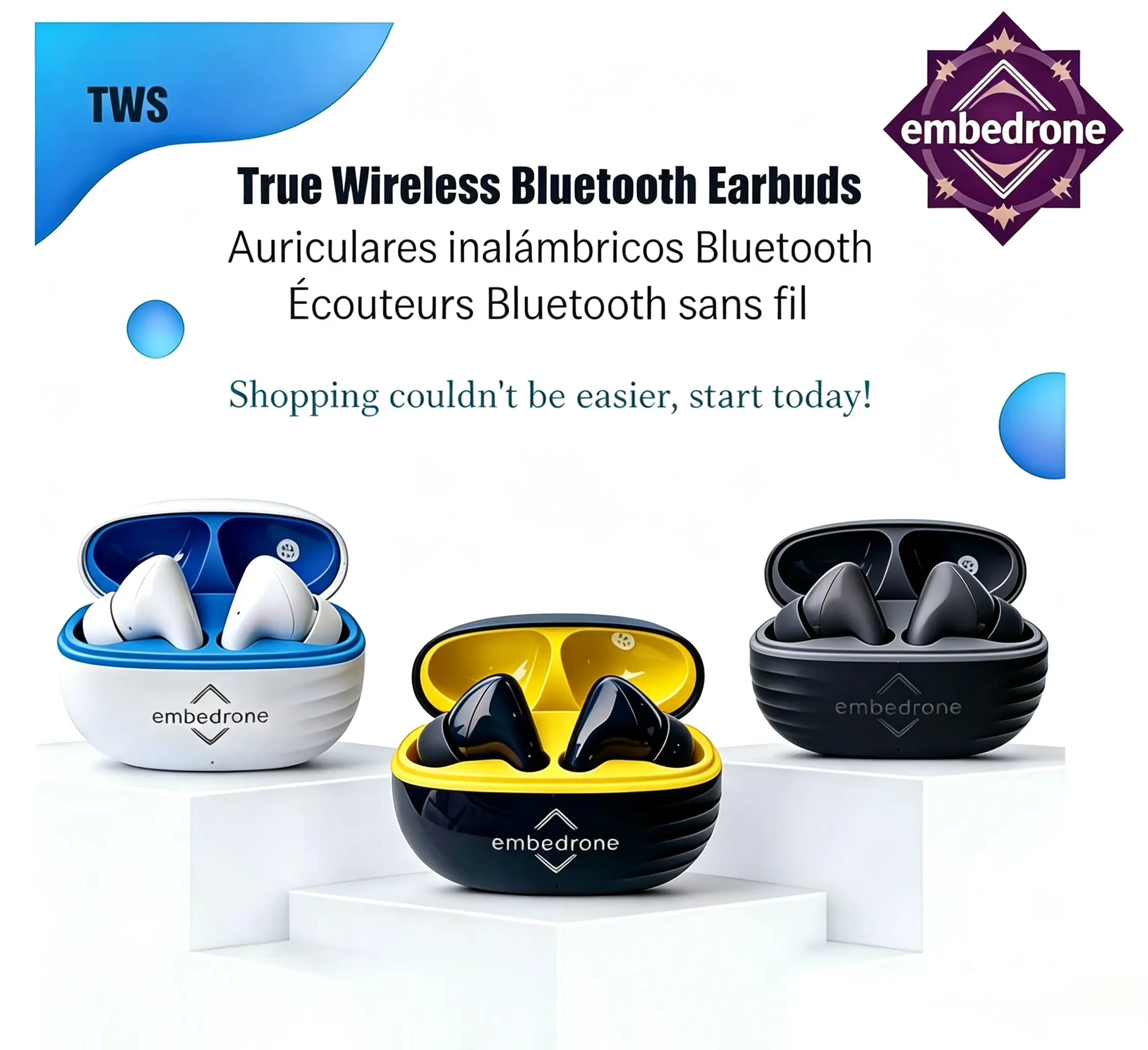 Bisa COD! Earbud TWS Bluetooth Nirkabel EMBEDRONE, Mendukung Panggilan, untuk iPhone/iOS/Android, Suara Stereo HD, Tahan Air, Peredam Bising, dan Mikrofon HD