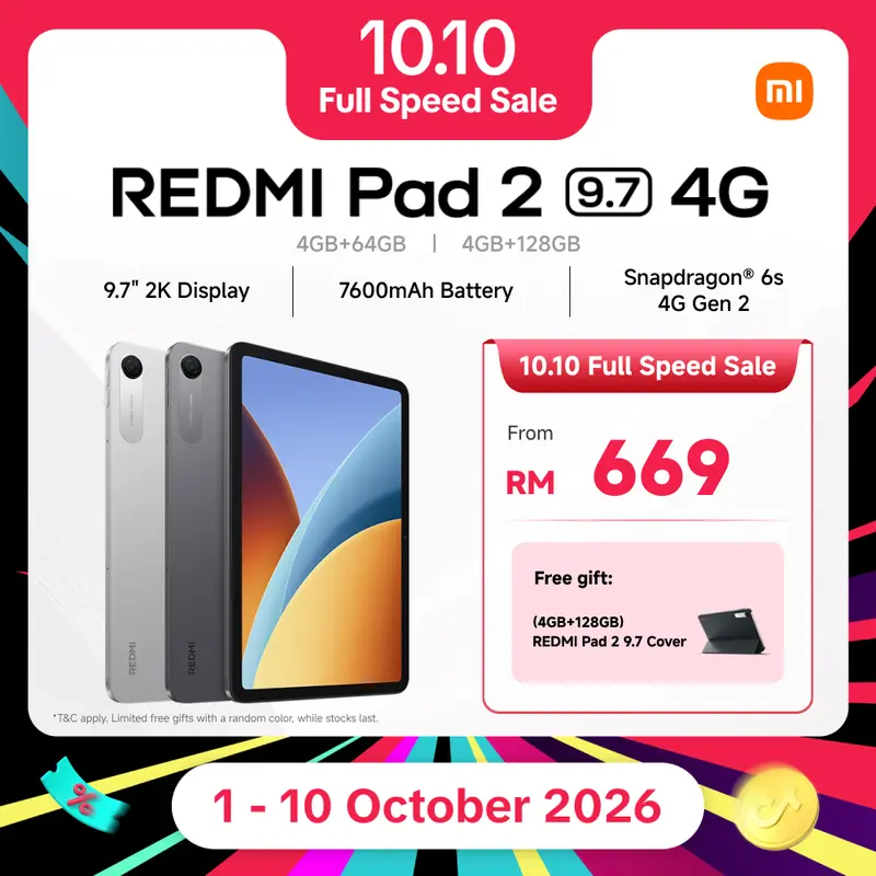 REDMI Pad 2 9.7 4G Tablet | 2K 120Hz true clarity,Massive 7600mAh (typ) battery,Snapdragon 6s 4G Gen 2 Mobile Platform with 4G,Powered by Xiaomi HyperOS 3
