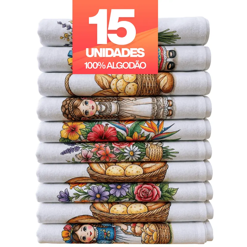 Lot de 15 torchons imprimés avec ourlet, 100 % coton