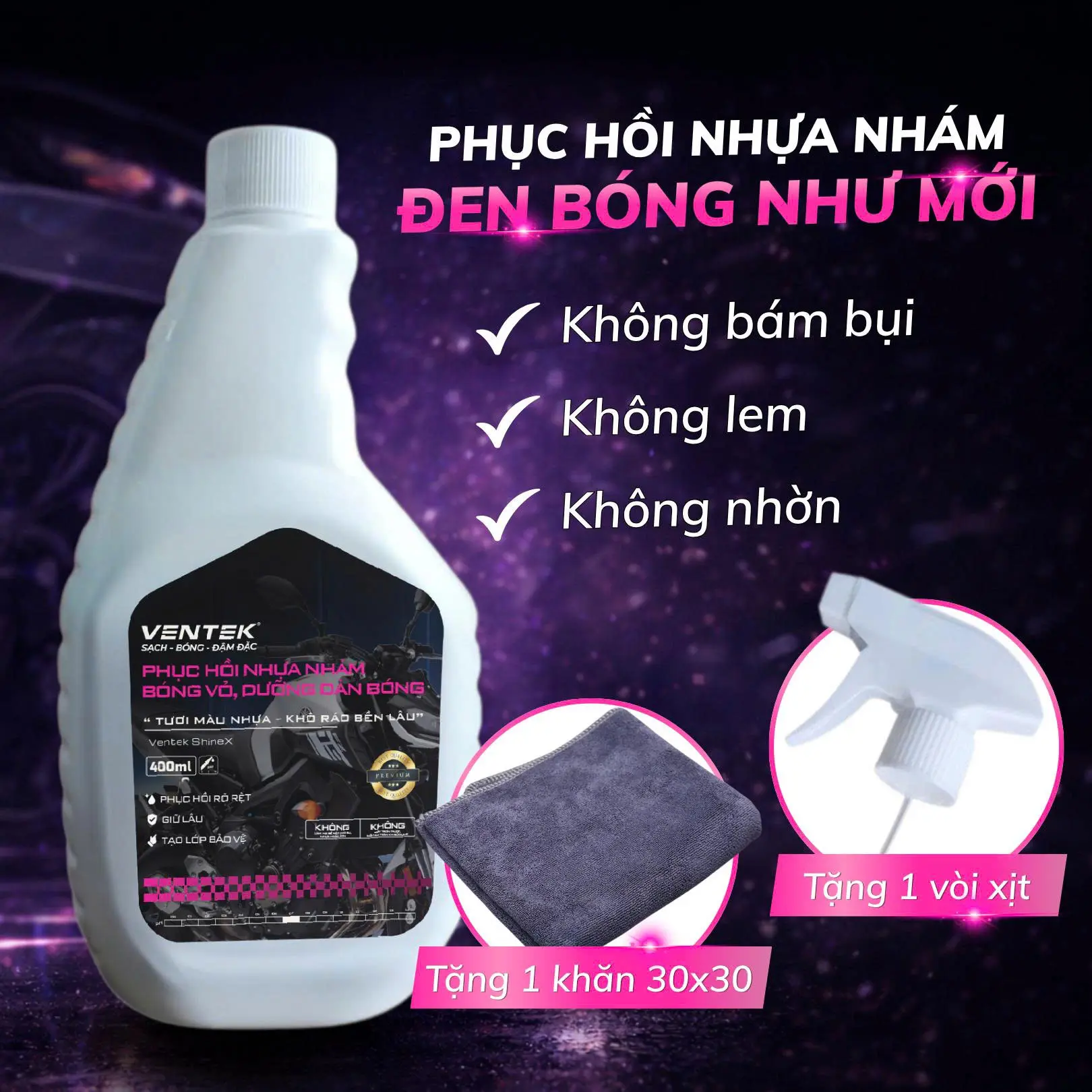 VENTEK ShineX哑光塑料及车壳翻新上光剂450ml，恢复色泽，干爽持久，不油腻、不打滑