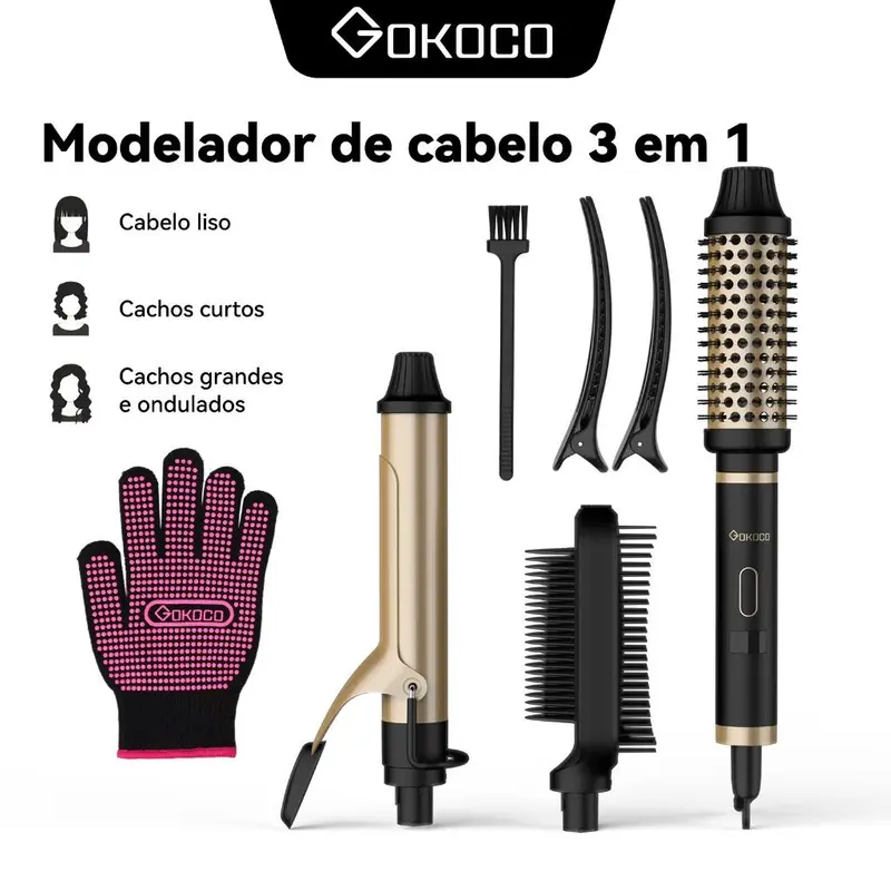GOKOCO 3 Em 1 multifuncional paramodelar Modelador de cabelo Aparelho Cabelo liso Cachos curtos e grandese ondulados
