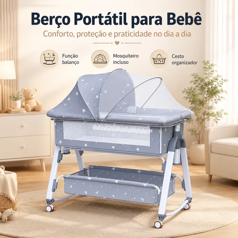 Berceau bébé portable multifonction P18 · Réglable, avec moustiquaire et roulettes · Dès la naissance