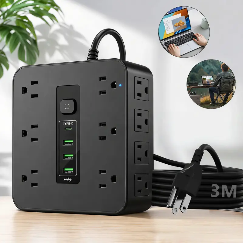 Multicontactos Regleta Extensión 12 Salidas + 3 USB + 1 Tipo C, Enchufe 3 Pines, Regleta Eléctrica 2500W con Cable 3M, Protector de Sobrecarga, Tira de Contactos, Ladrón de Luz, Ideal para Hogar, Oficina y Viaje, Compatible 110V-220V,enchufe computadora