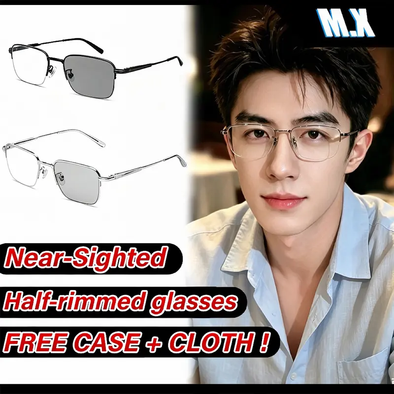 MX-RAIN MXSTUDIO Half-Rim Photochromic Nearsighted Glasses for Men, Anti-Blue Light, -50/-100/-150/-200 Options