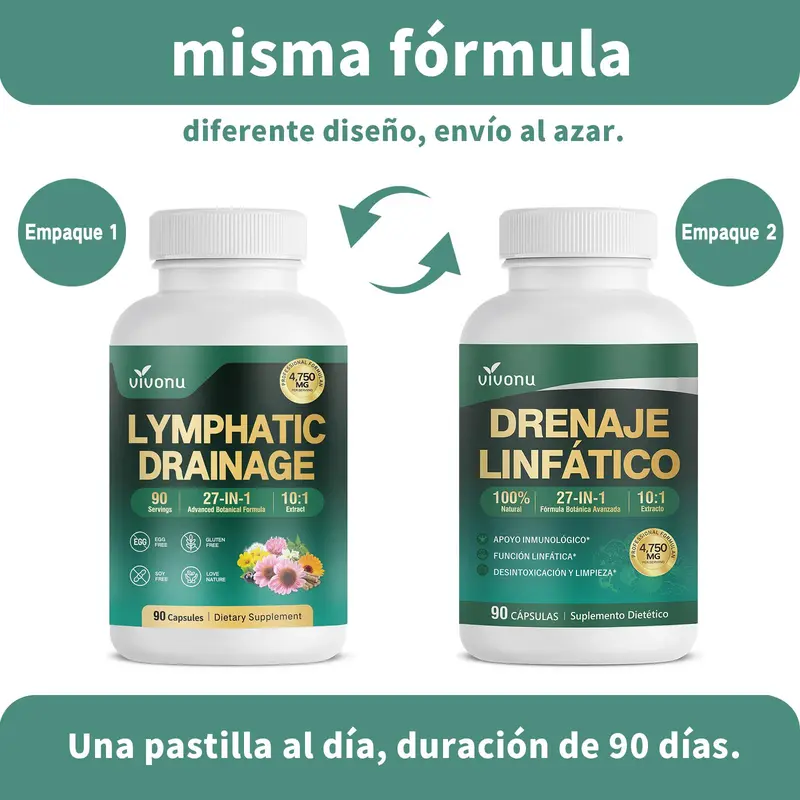 VivoNu Drenaje Linfático 27 en 1 | 90 Cápsulas con Equinácea, Diente de León, Bardana y Saúco | 4750 mg por Porción