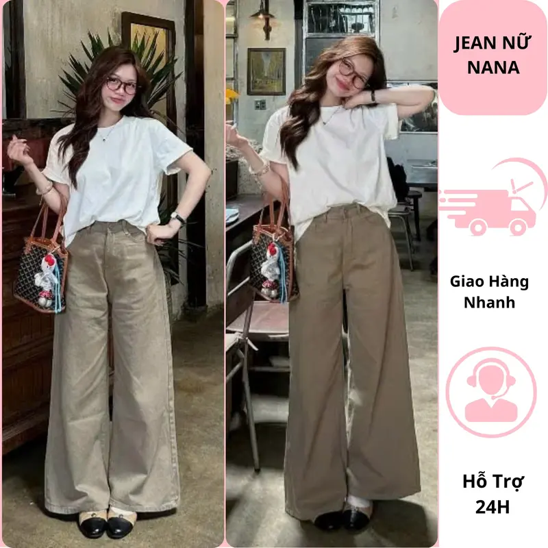 Jean femme taille haute à jambes larges et coupe droite, largeur de bas de jambe 27-28 cm, marron clair, tissu souple, tendance 2026