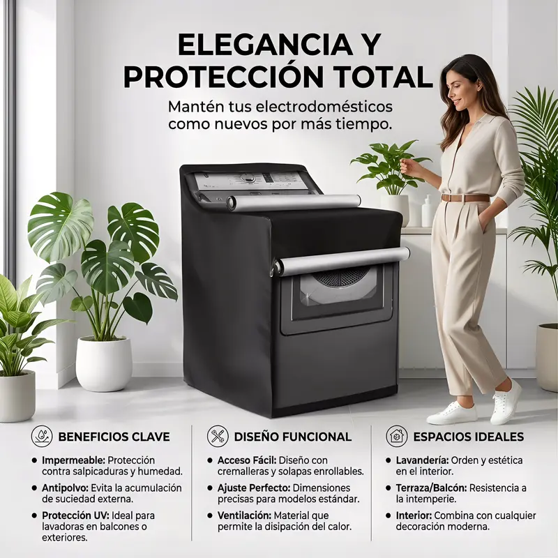 Black Waterproof, Dustproof Washing Machine Cover with Roll-Up Zipper for Front-Load and Top-Load Machines, Suitable for Outdoor Use