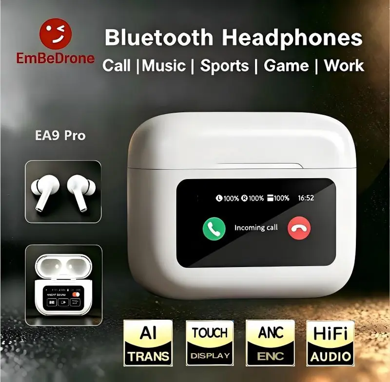 Earbuds ANC premium dengan layar sentuh, terjemahan AI 140+ bahasa, in-ear, HiFi deep bass, peredam bising, audio spasial, Bluetooth 6 latensi rendah, pengisian cepat, kompatibel dengan smartphone Apple/Android, bonus stiker DIY dan tali gantung