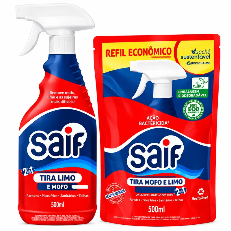 Saif Kit Tira Mofo Saif 500ml + Refil 500ml Fórmula Fungicida e Desinfetante para Áreas Internas e Superfícies Húmidas