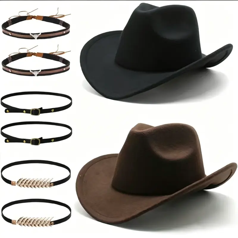8-Piece Cowboy Hat Set: 2 Texas-Style Hats with 6 Chain Accessories, Retro Fedora Style for Men and Women