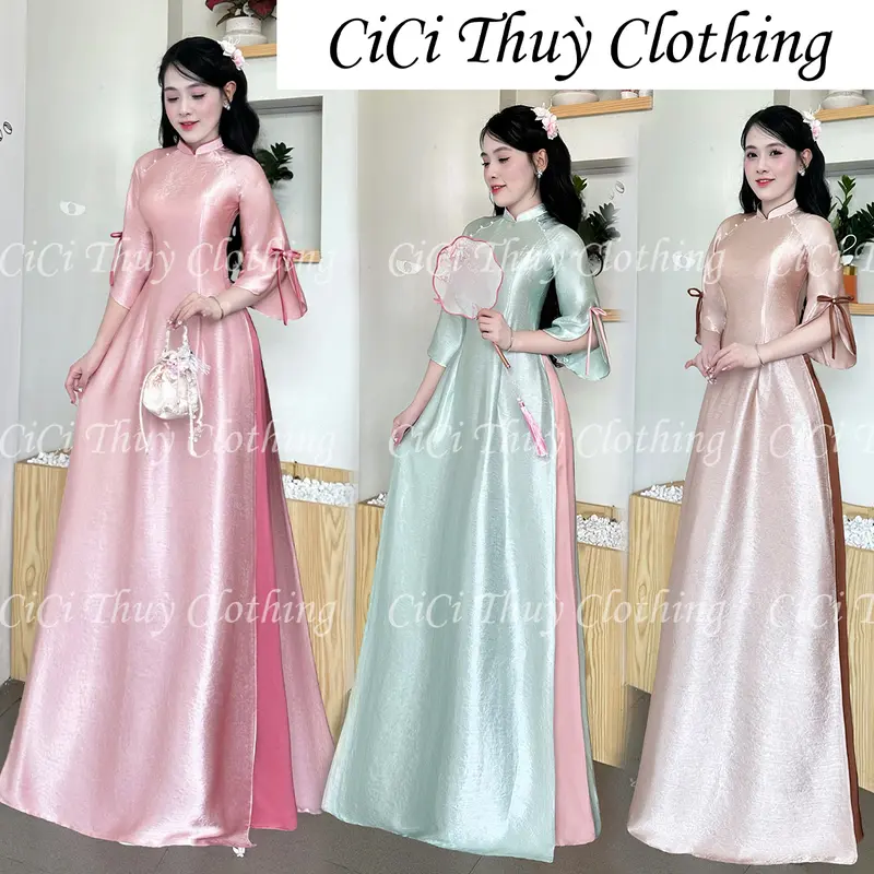 Áo Dài Nguyệt Nga Chất Liệu Lụa TiTan Ánh Gương Cách Điệu Phối Cổ Đính Nơ Xẻ Tay - CiCi Thuỳ Clothing