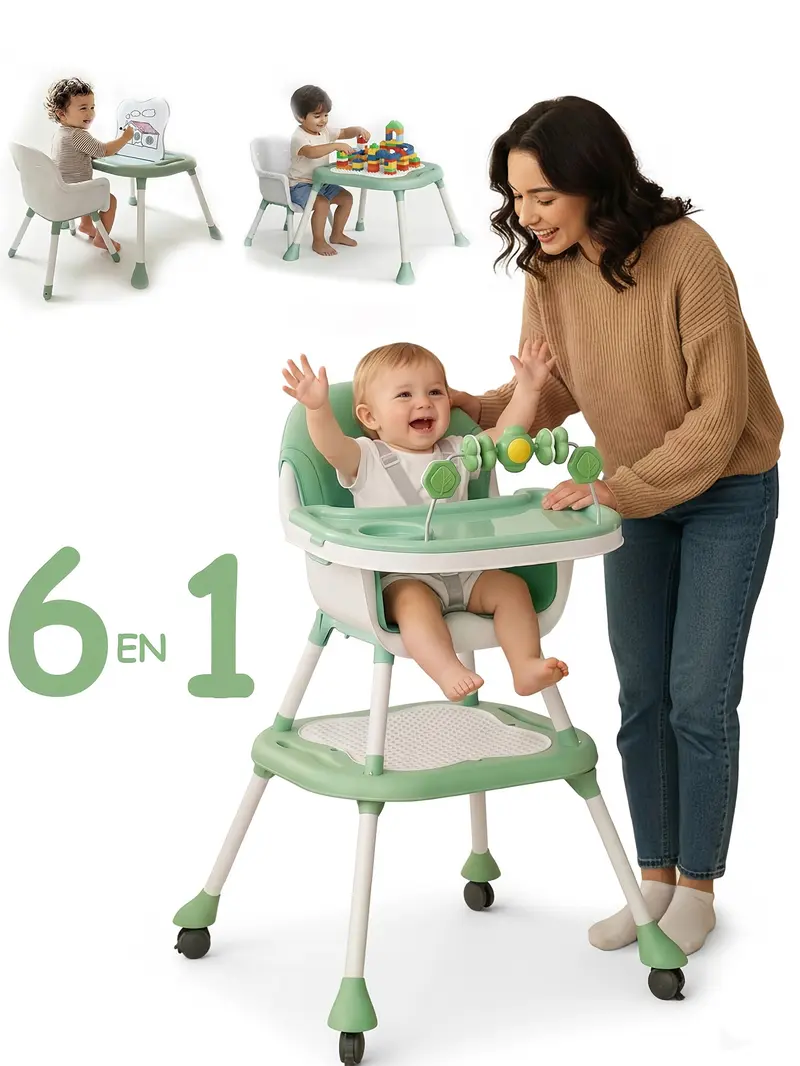 6-in-1 Adjustable Baby High Chair with Play Table, Desk, Double Tray, PU Seat and Wheels, Ages 6 Months to 6 Years