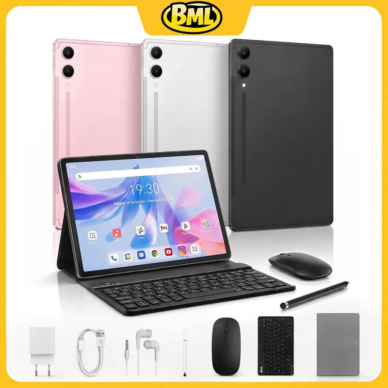 Tablette BML Android 14, 12 Go de RAM, 512 Go de stockage, clavier et souris, batterie 8000 mAh, Wi‑Fi 5G, écran HD