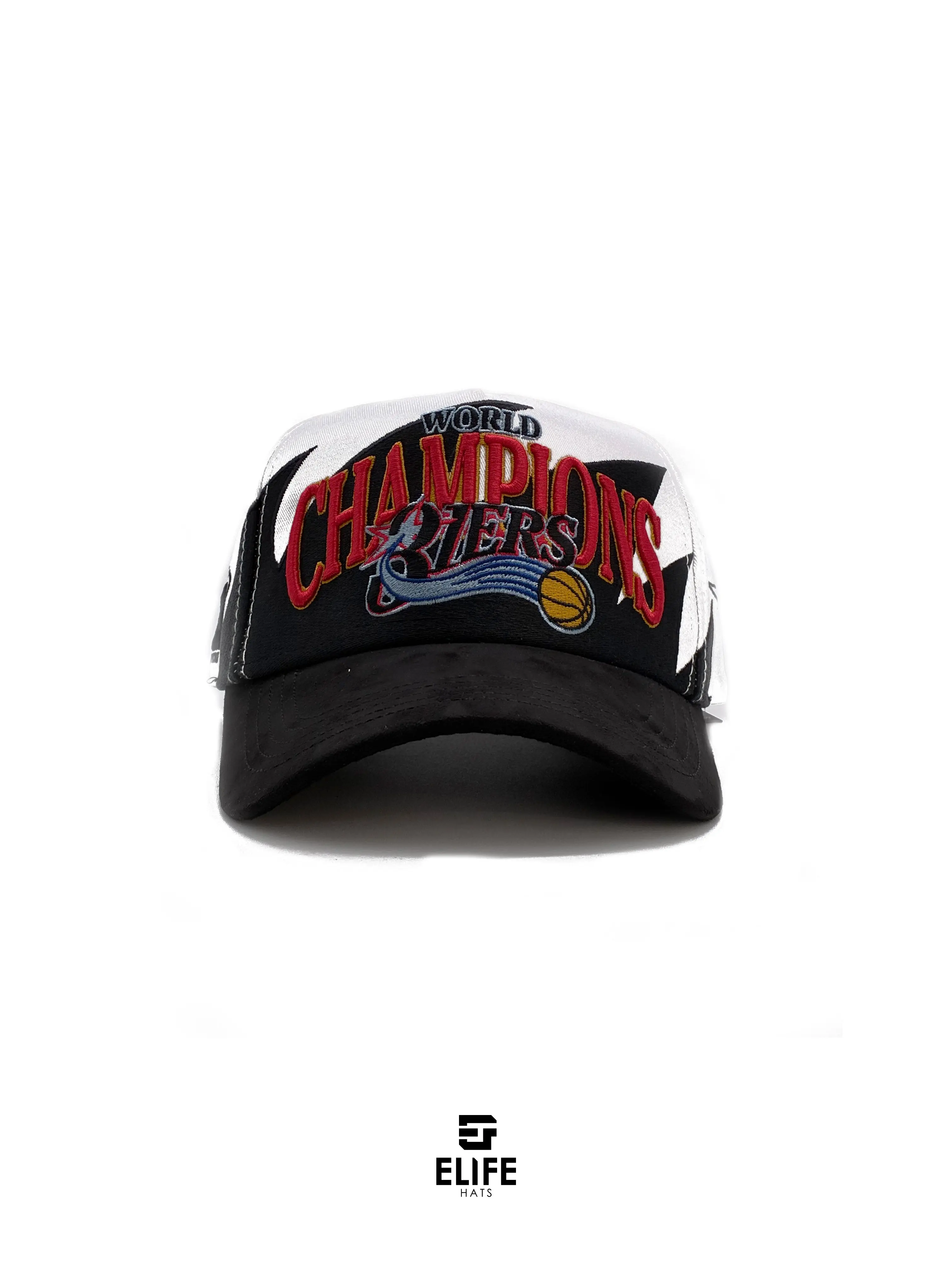 Elife 31 HATS「World Champions」2025 黑白棒球帽，Sixers 标志及立体刺绣字样