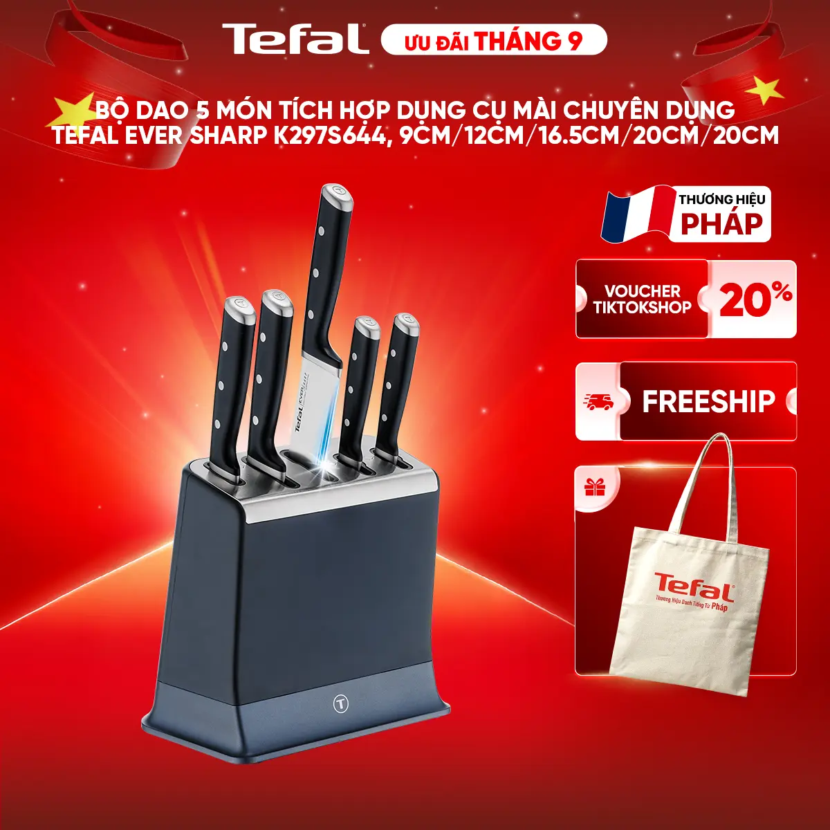 Tefal Ever Sharp K297S644 5-Piece Knife Set with Integrated Sharpener, 9cm, 12cm, 16.5cm, 20cm and 20cm