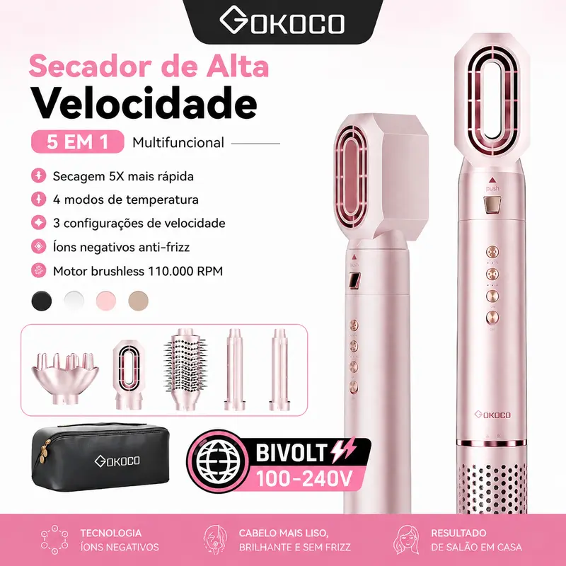 GOKOCO Escova Secadora 5 em 1 Bivolt 100-240V Alta Velocidade Modelador de Cabelo Profissional Alisa e Enrola