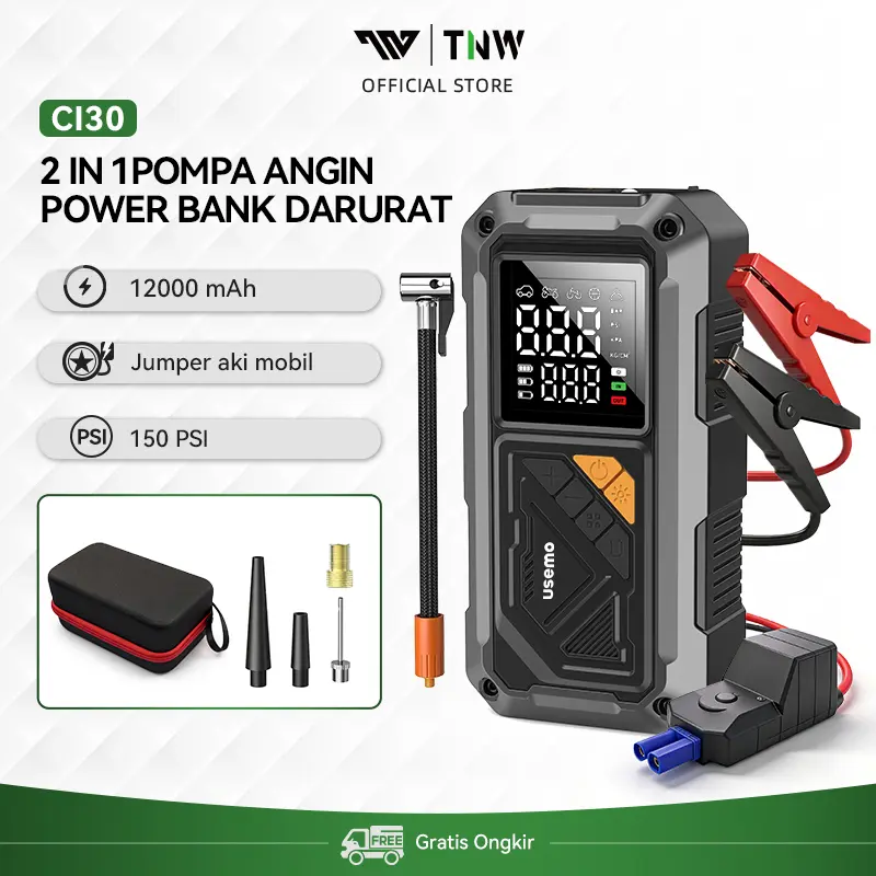 Arrancador portátil USEMO CI30 de 12000 mAh con power bank, inflador eléctrico y cables para batería de auto y moto