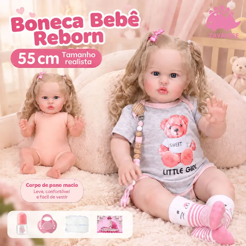 Muñeca reborn niña ZAVANESE de 55 cm, kit completo con biberón y chupete, juguete para niños