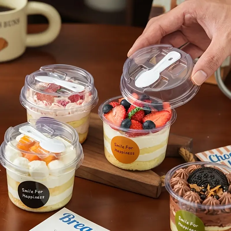 20/50 juegos de cajas redondas transparentes con tapa, fáciles de cerrar, con cuchara incluida, ideales para galletas, fruta, helado, pastel de mousse, vasos para yogur, contenedores para almacenamiento de alimentos y recipientes de plástico para postres