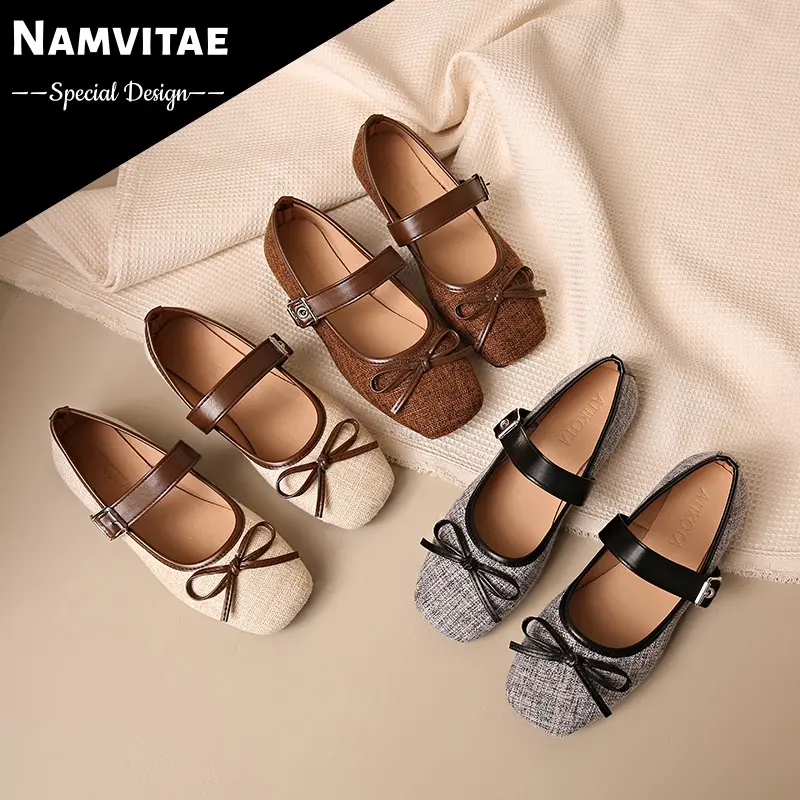 NAMVITAE Ladies Linen Mary Jane Shoes Bow Decor Buckle Strap Comfort Footwear