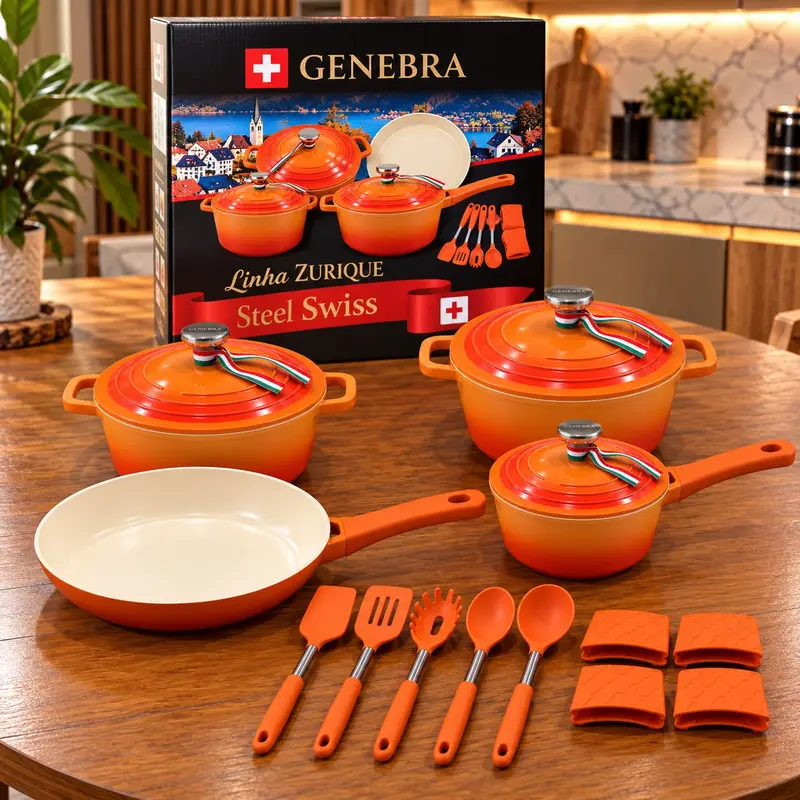 Jogo de Panelas Genebra Le Brunet Exclusiva 16 peças 10 Camadas de Cerâmica