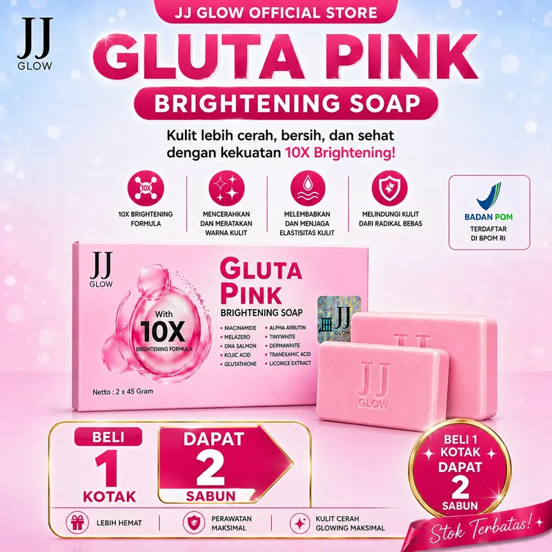 [BEST SELLER] Sabun Batang JJ Glow Gluta Pink, formula pencerah 10X dengan Niacinamide, Kojic Acid, Glutathione, dan Alpha Arbutin